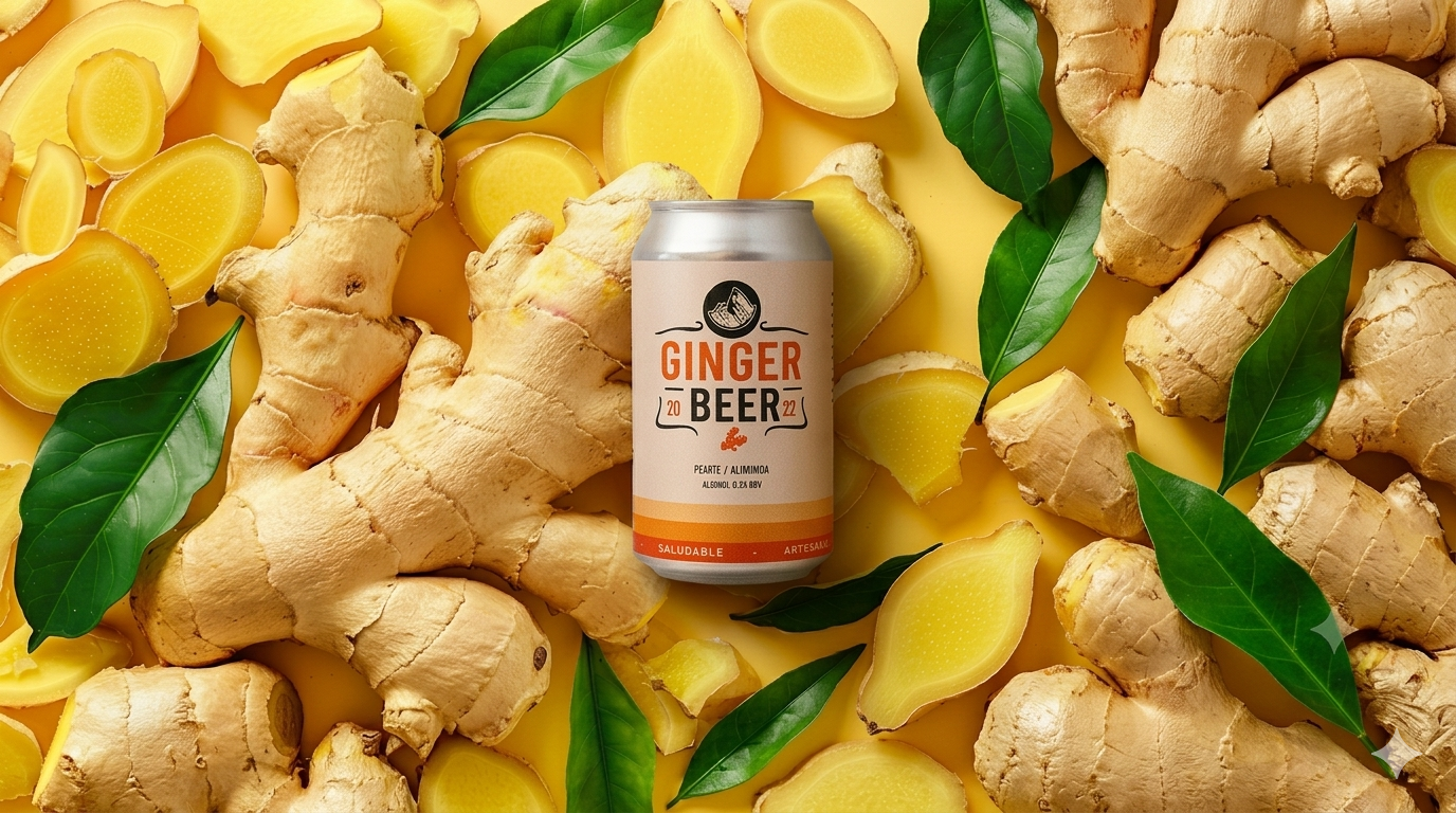 Lata de Ginger Beer sobre fondo de jengibre y hojas