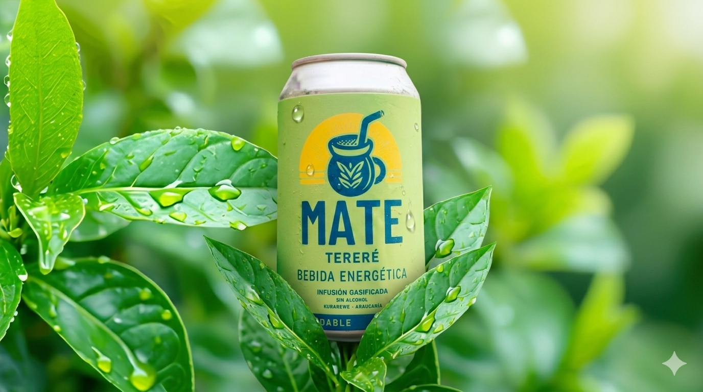 Lata de Mate Tereré entre hojas verdes con gotas de agua