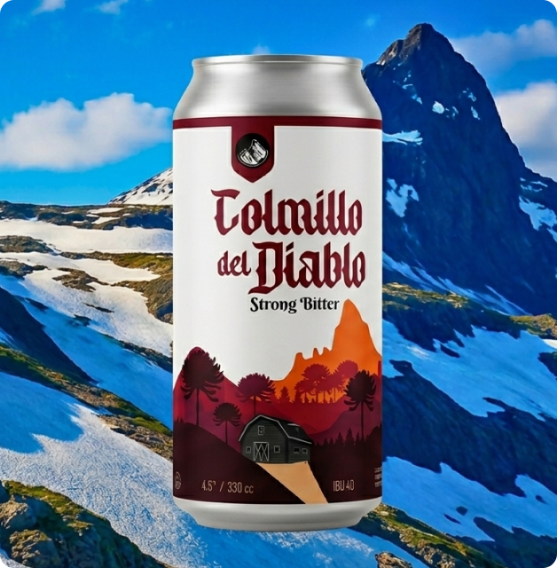 Lata de cerveza de montaña frente a un paisaje de nieve y montaña