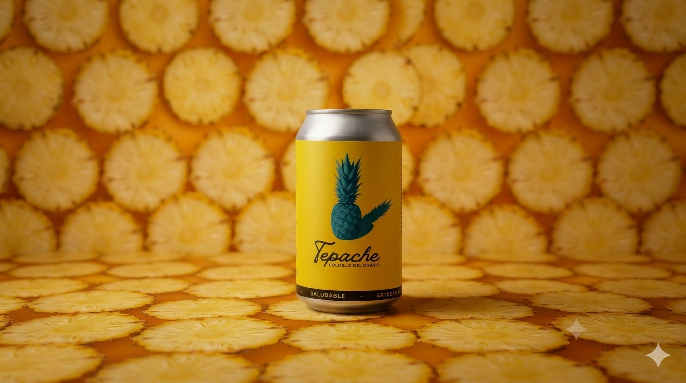 Lata de Tepache destacada con fondo de piña en primer plano
